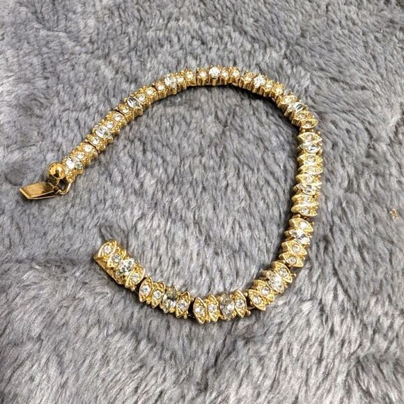 AES Jewelry - Vintage 1990's Goldtone Marquee & Round Cut Cubic Zirconia Bracelet